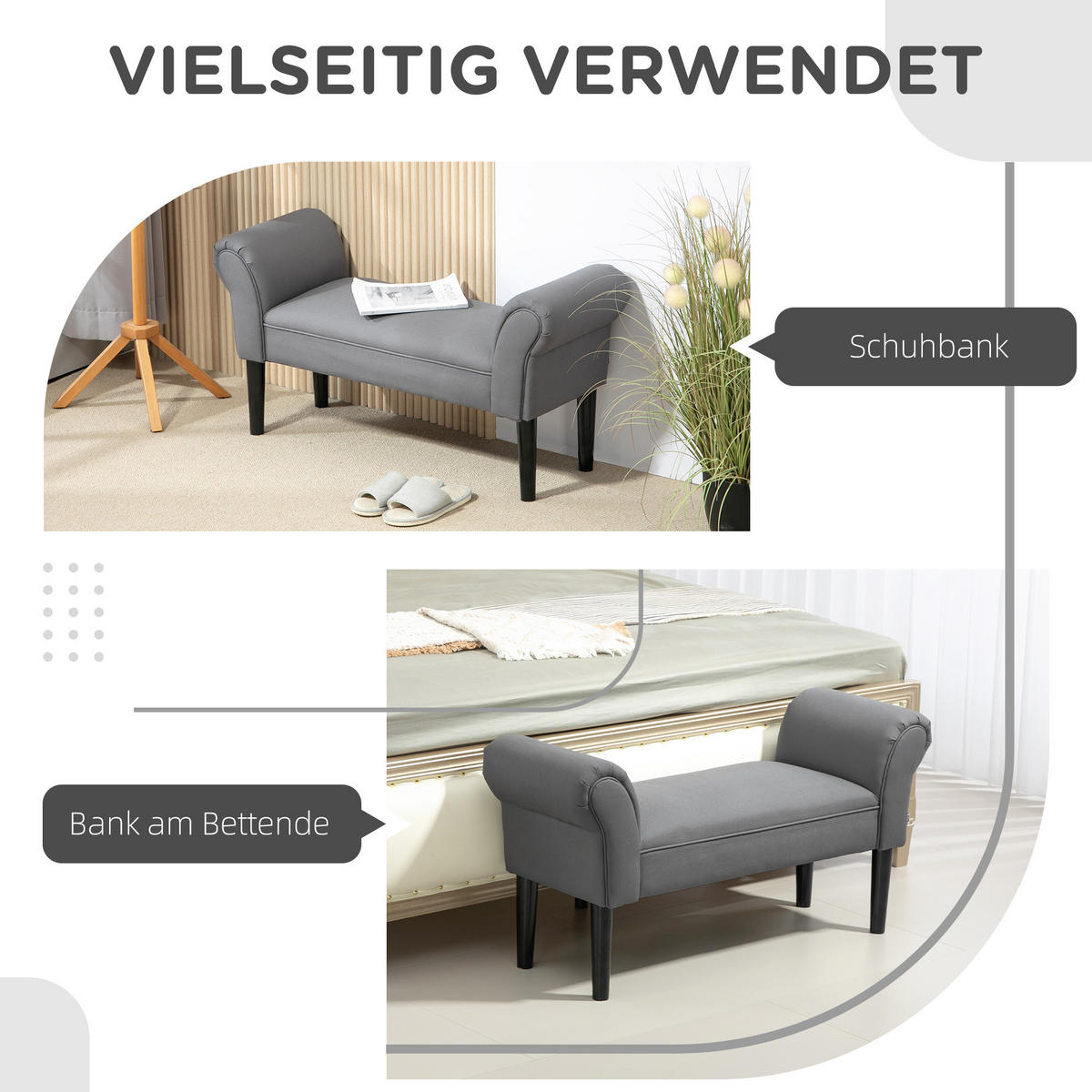BETTBANK, Polsterbank, Sitzbank, Flurbank für Schlafzimmer, bis 130 kg Grau - Dunkelgrau, Kunststoff (36/51/102cm) - HOMCOM