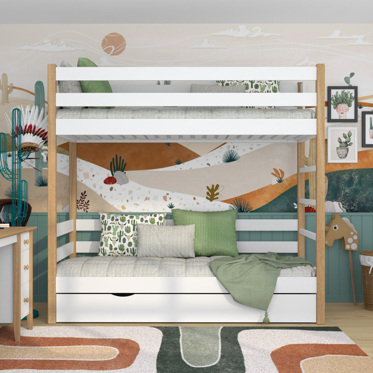 ETAGENBETT N03 mit Schublade Weiß / Eiche Natur 100/190 - Eiche Artisan/Weiß, Naturmaterialien/Holz (100/190cm) - N-Wood