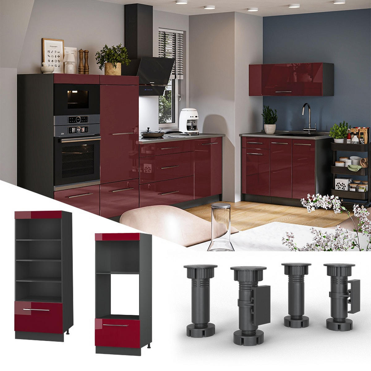 RAFT DE BUCĂTĂRIE Fame-Line, Bordeaux lucios ridicat/antracit, 60 cm - bordo/antracit, compozit lemnos (60/153.6/58.1cm) - Vicco