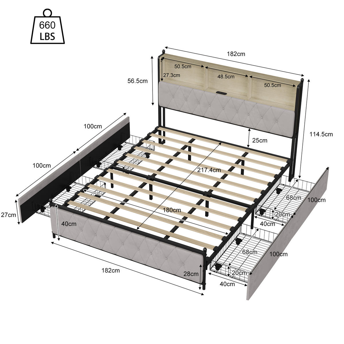 POLSTERBETT 180/200 cm Schubladen USB-Ladestation Samt Doppelbett - Beige, Holz (180/200cm) - PARAFTA HOME