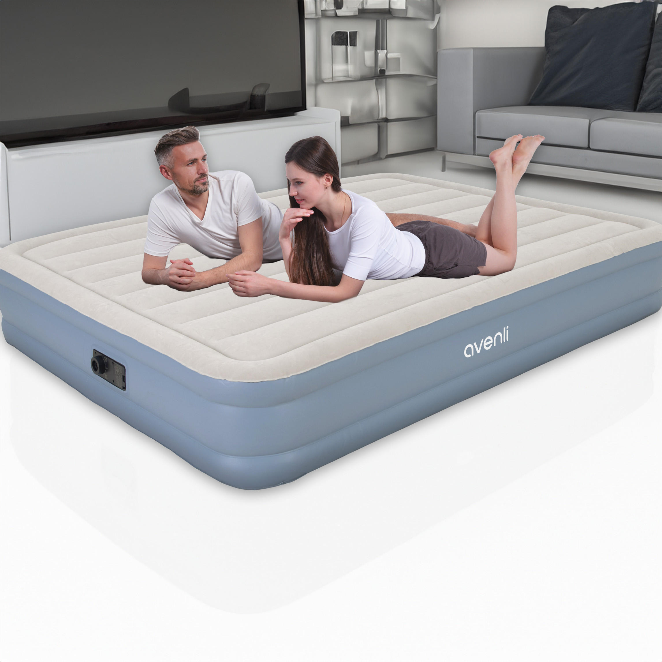 LUFTBETT Luftmatratze selbstaufblasend 203 x 152 x 33 cm mit integrierter Pumpe - Grau/Hellblau, Kunststoff (152/203cm) - Avenli