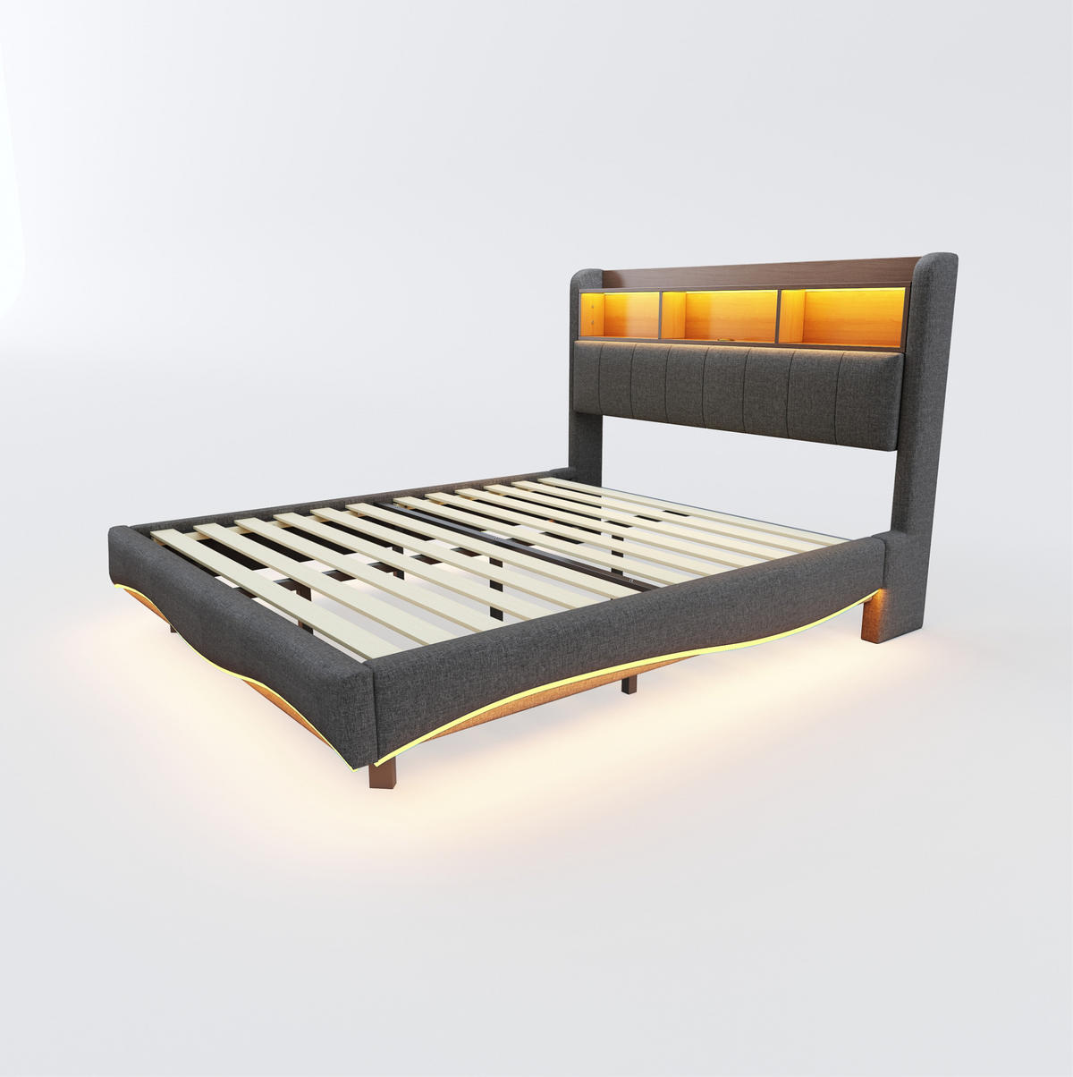 POLSTERBETT aus Stoff 160x200 cm Grau mit LED-Beleuchtung, USB-, Typ-C-Anschluss und Stauraum am Kopfteil - Grau, Textil (160/200cm) - Modfu