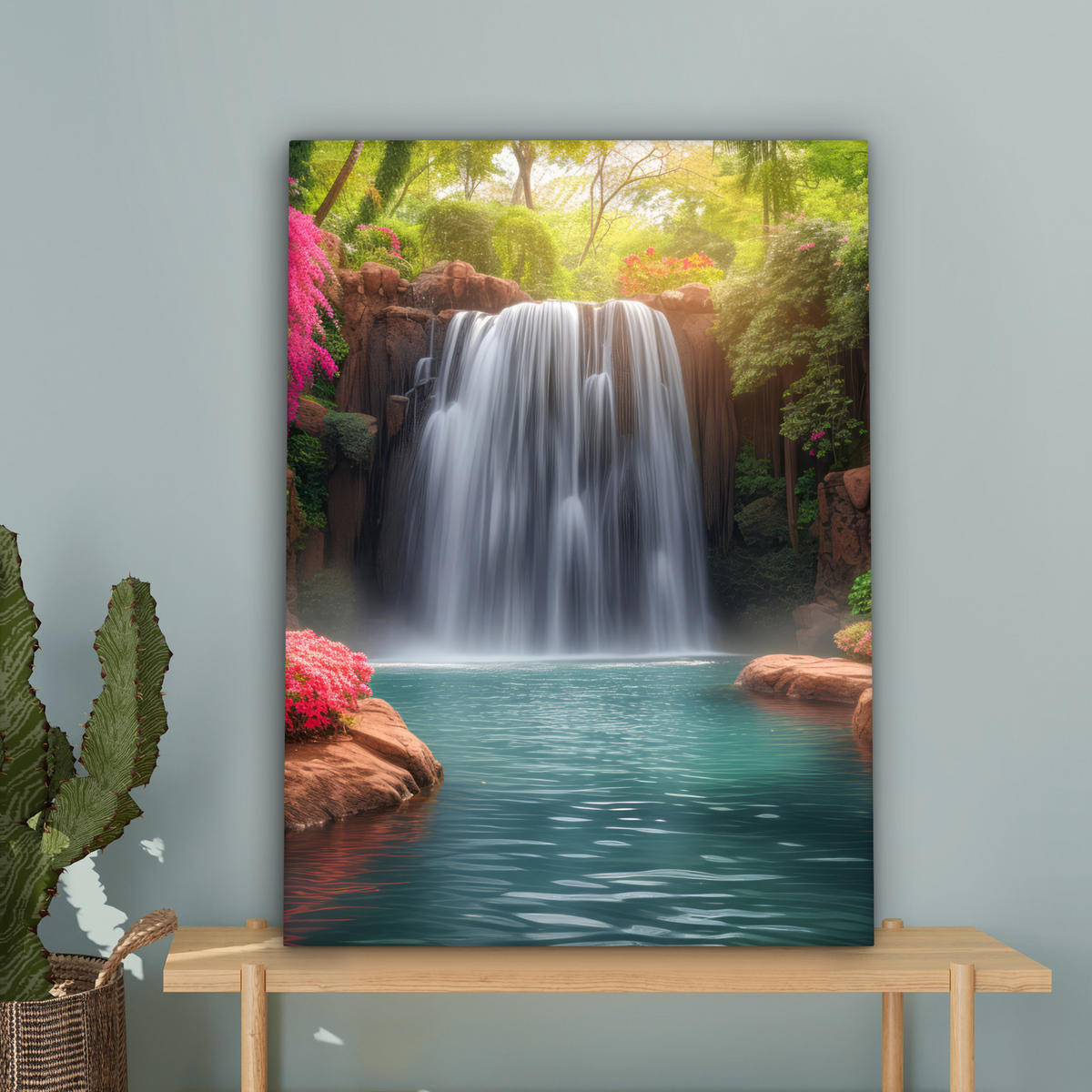 LEINWANDBILD Wasserfall - Natur - Pflanzen - Dschungel - Wasser 60x80 cm - Grün, Textil (60/80cm) - MuchoWow