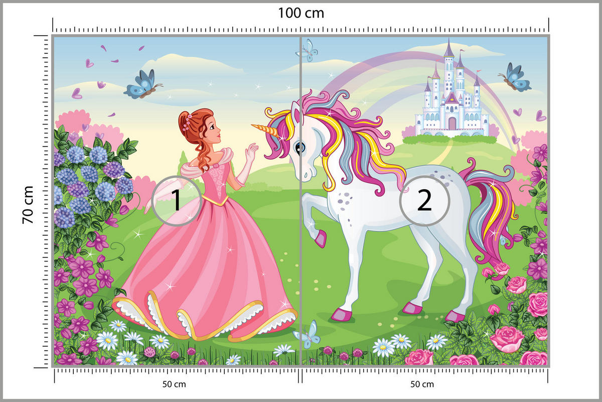 FOTOTAPETE für Kinderzimmer Prinzessin Einhorn Schloss Blumen 100x70 - Blau/Gelb, Papier (100/70cm) - Muralo