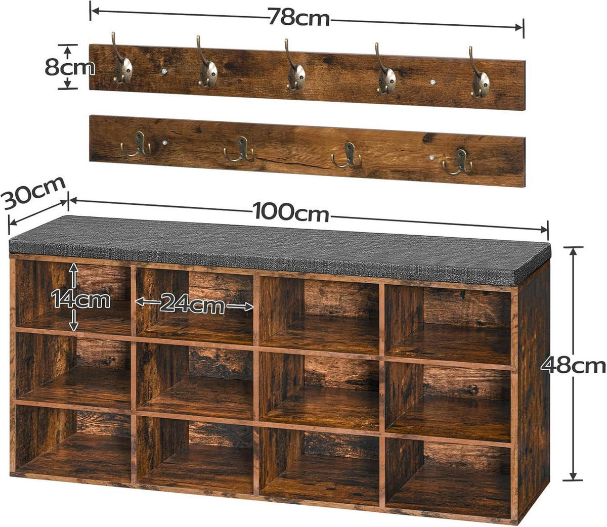 WANDGARDEROBE Braun mit Schuhschrank und 9 Haken - Braun, Holzwerkstoff (100/48/30cm) - Hoobro