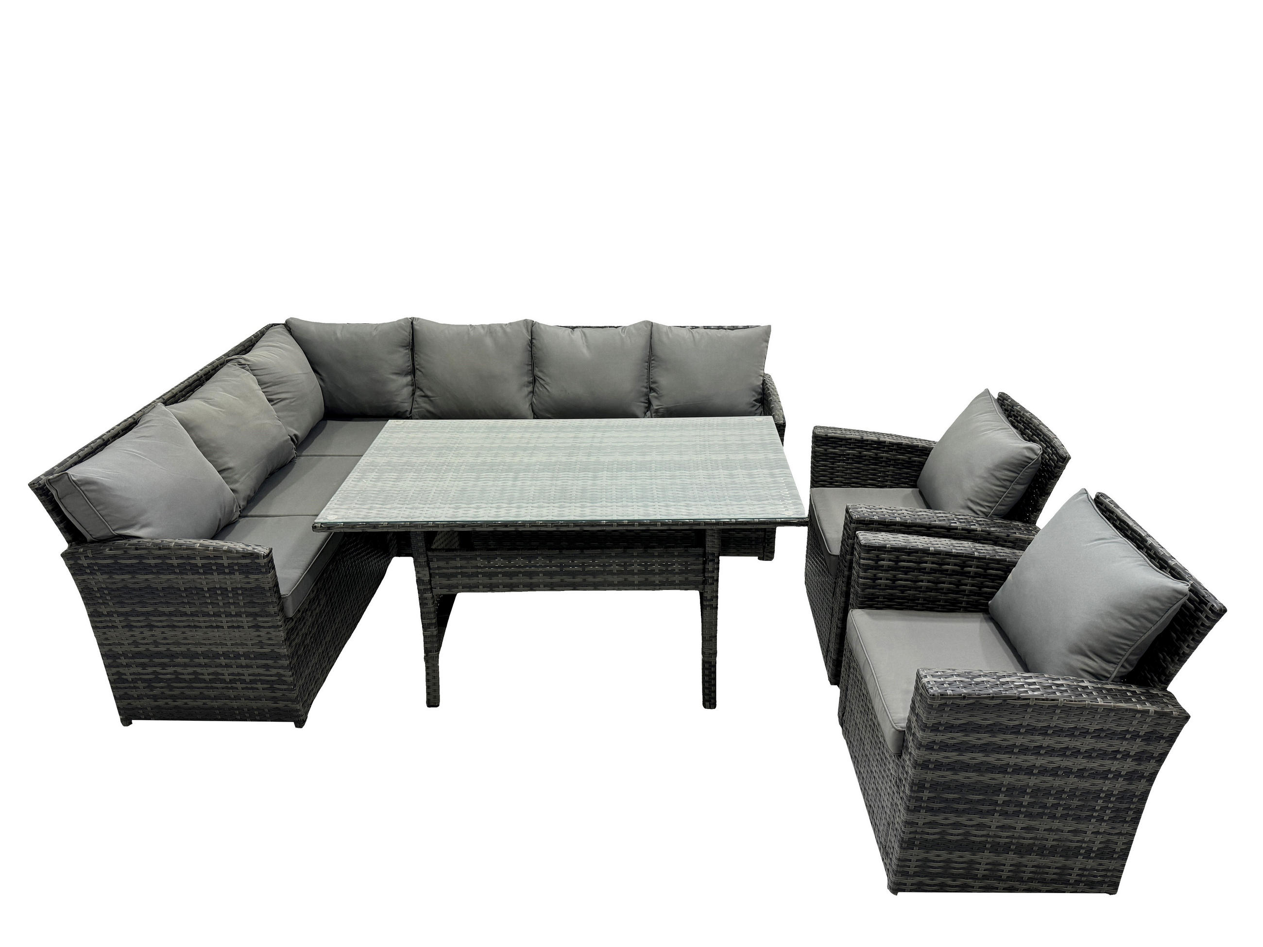 SITZGRUPPE mit Esstisch Polyrattan Dunkelgrau 8-Sitzer - Dunkelgrau/Grau, Glas/Kunststoff - Fimous