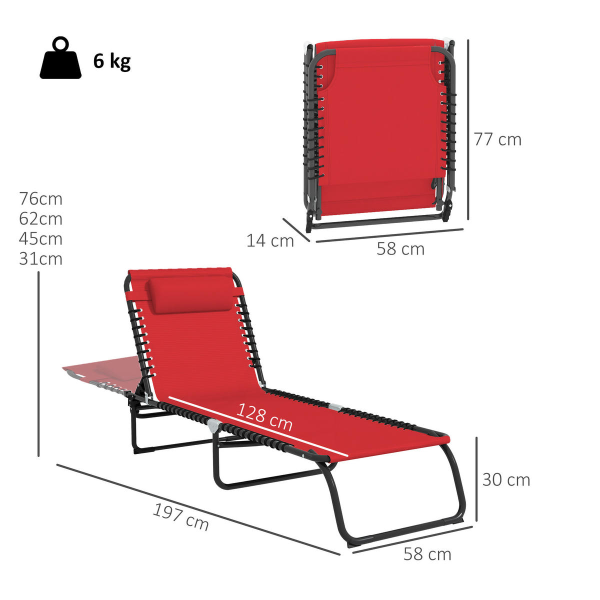 SONNENLIEGE DE-15605 klappbar, 4-fach verstellbar, inkl. Kissen Rot - Weinrot, Metall (58/30/189cm) - ComfortXL