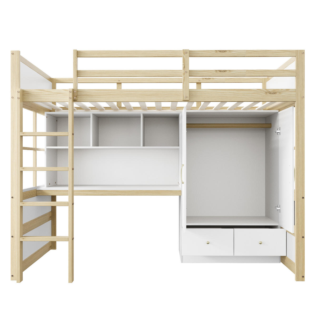 HOCHBETT aus Massivholz 90x200 cm in Naturholz mit Schreibtisch & Kleiderschrank - Naturfarben, Holz (90/200cm) - Modfu