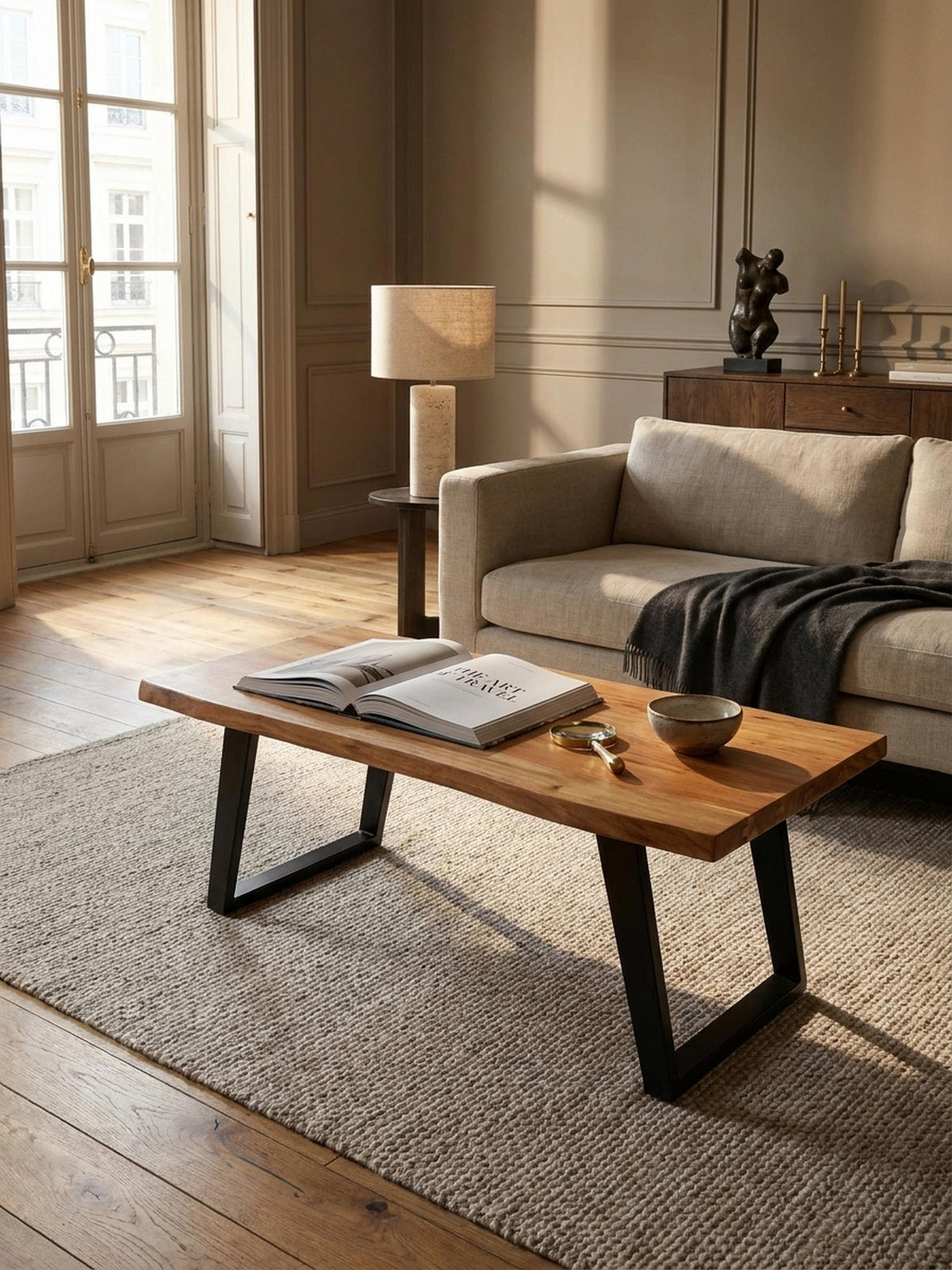 COUCHTISCH Braun Akazie Massivholz Baumkante 120x60x46 cm, Metallbeine U-Form - Schwarz/Akaziefarben, Holz/Metall (60/120/46cm) - KADIMA DESIGN