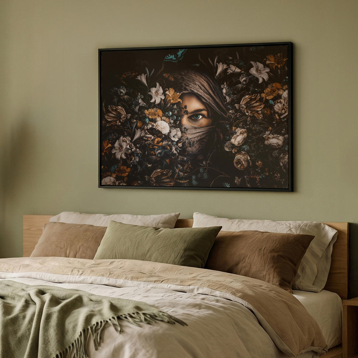 LEINWAND Bilder mit Rahmen - Frau - Luxus - Blumen - Schmetterling - Porträt - 100x70 - Schwarz, Textil (100/70cm) - MuchoWow