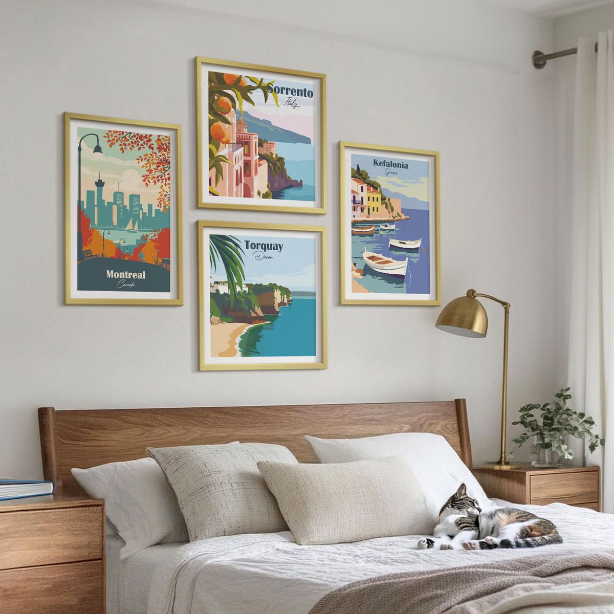BILDER SET 4er Set - 50x50 cm & 40x60 cm Goldrahmen - Retro-Ansichten von Städten auf der ganzen Welt - Goldfarben, Kunststoff (50/50cm) - TULUP