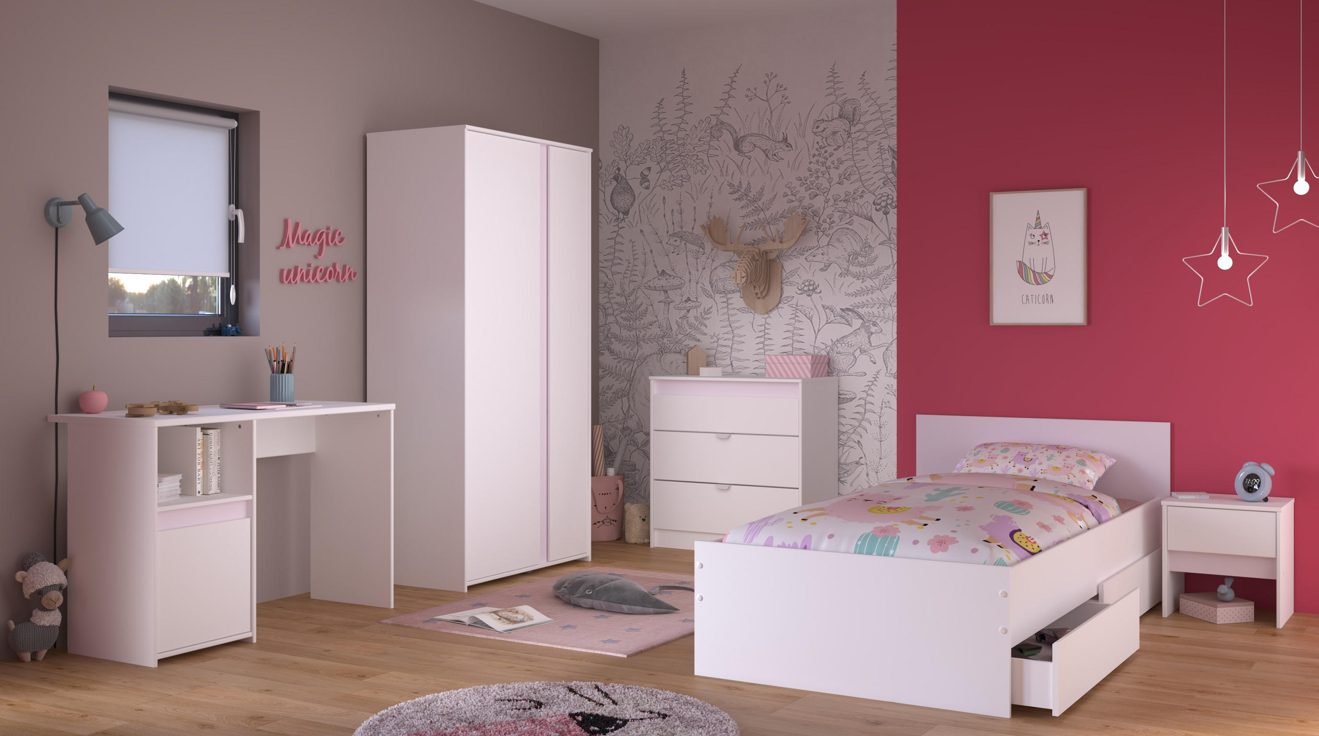 JUGENDZIMMER Pirouette 21 in Weiß mit Rosa oder Kieselgrau 6 teilig - Weiß, Holzwerkstoff (120/200/80cm)