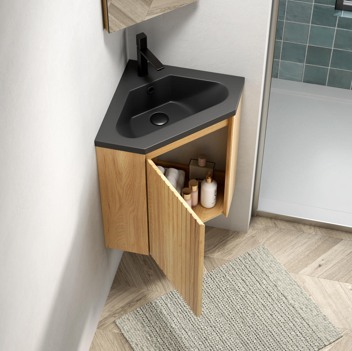 WASCHTISCHKOMBI 54,5/38.5/52.4 cm schwarz/Naturholz aus Harz und Sperrholz mit vormontiertem Unterschrank - Schwarz, Kunststoff (54.5/52.4/38.5cm) - OKWISH