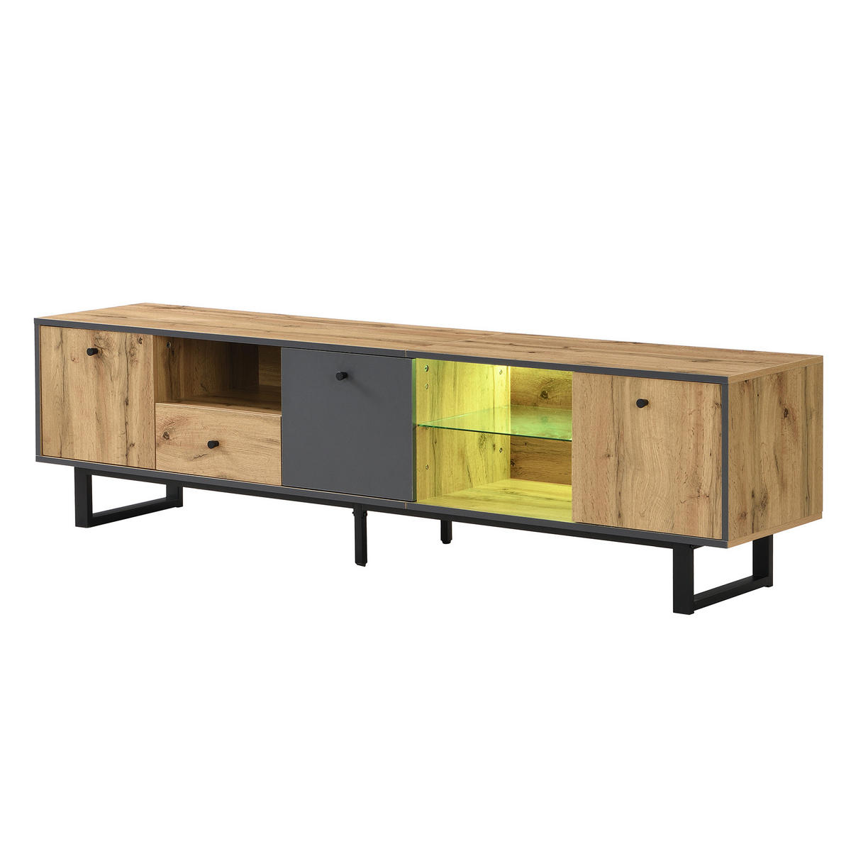 TV ormarić 190/40/50 cm prirodni i antracit od iverice s LED rasvjetom i staklenim policama - prirodne boje, drvni materijal (190/50/40cm) - OKWISH
