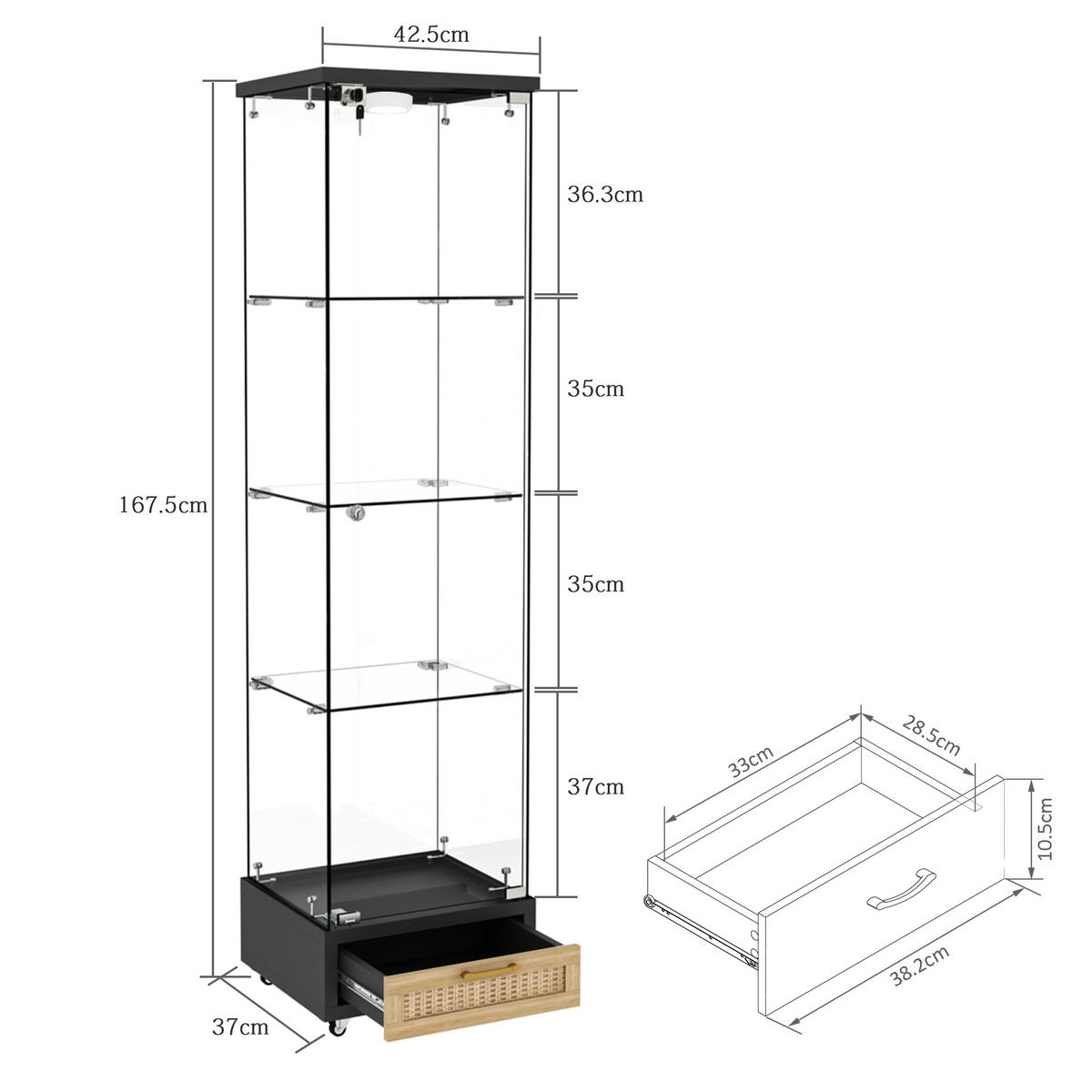 VITRINE aus MDF und Glas 36,5x42,5x167 cm Schwarz mit LED-Beleuchtung, Rollen und abschließbarem Stauraum - Schwarz, Holzwerkstoff (42.5/167/36.5cm) - Modfu