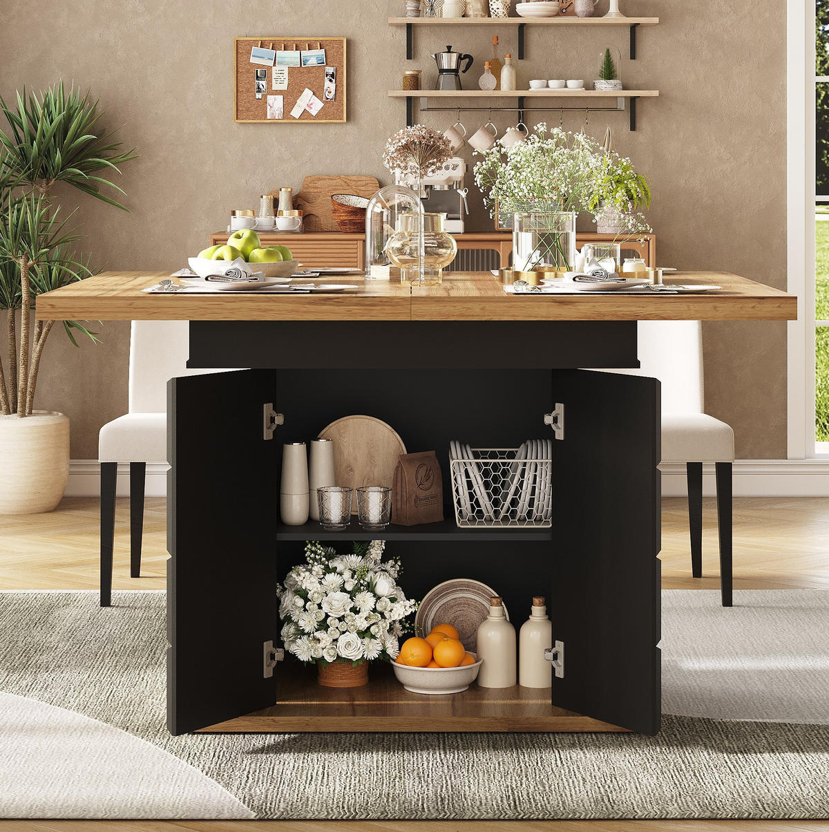 ESSTISCH 110-140/80/75 cm in Schwarz/Natur aus MDF mit Stauraum - Schwarz, Holzwerkstoff (110/80/75cm) - Flora Grace