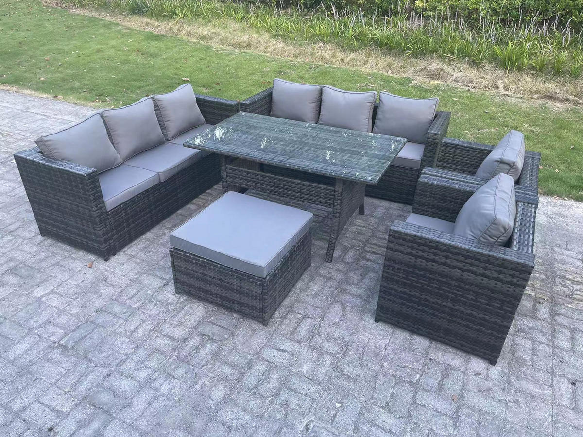 SITZGRUPPE mit Hocker Polyrattan Dunkelgrau 9-Sitzer - Dunkelgrau/Grau, Glas/Kunststoff - Fimous