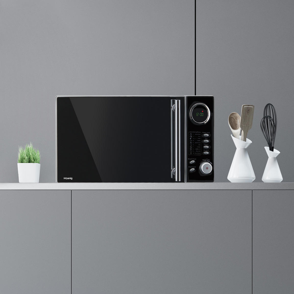 MIKROWELLE VIO9 Schwarz und Silber, mit Grill und kombinierbaren Kochfunktionen, 10 automatische Garprogramme, 900W - Silberfarben, Metall (31.5/19.7/31.5cm) - HKoenig