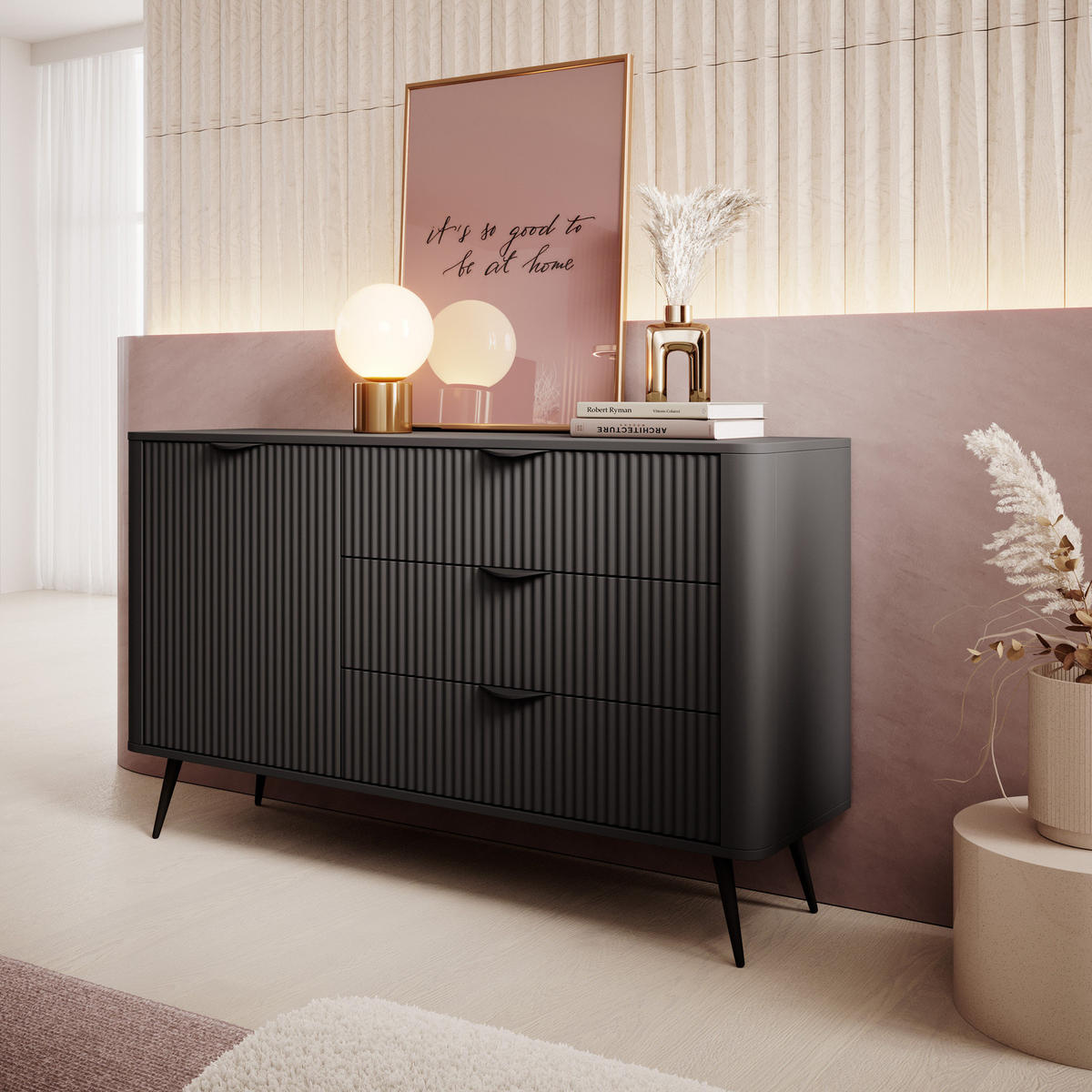 SIDEBOARD Flore 138 cm Schwarz - mit 3 geriffelten Schubladen und 1 Tür - Schwarz, Holz/Holzwerkstoff (138/81/38cm) - Ravio