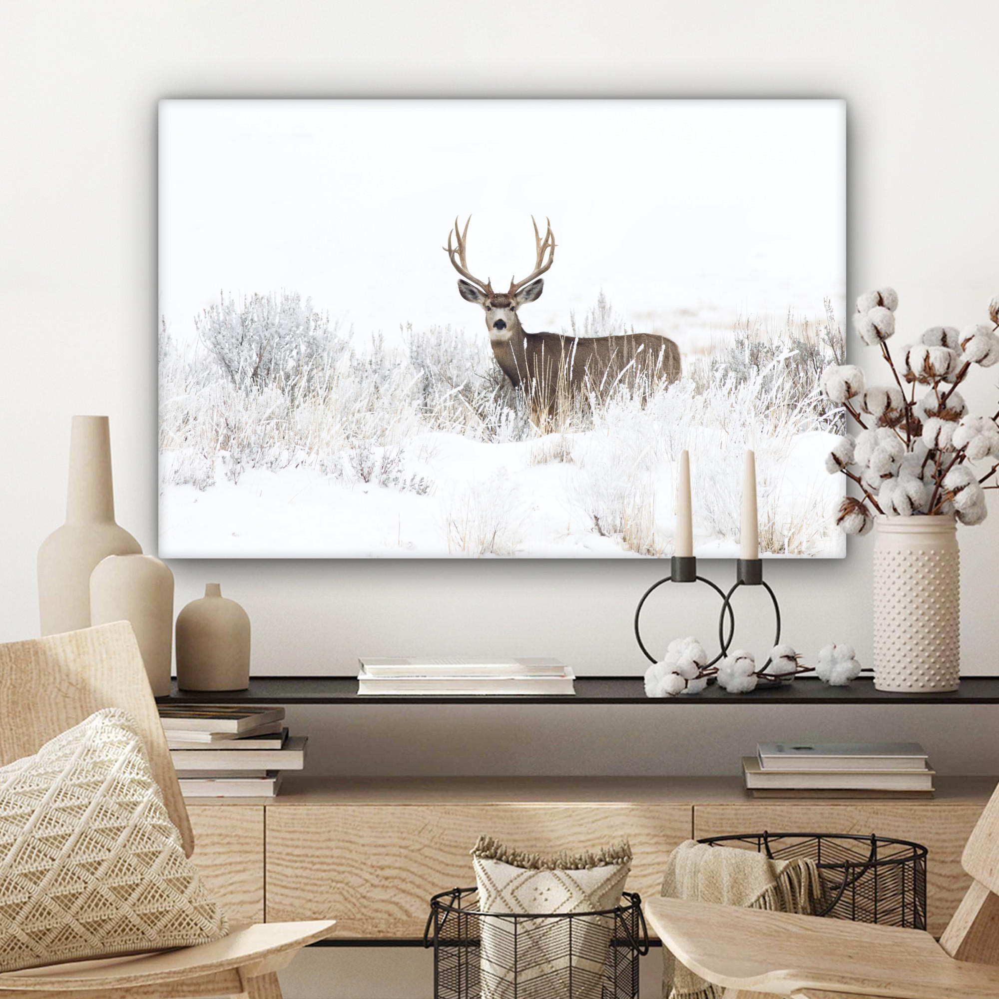 LEINWANDBILD Hirsche - Winter - Schnee - Tiere - Jahreszeiten - Weiß Wanddeko 90x60 cm - Hellbraun, Textil (90/60cm) - MuchoWow