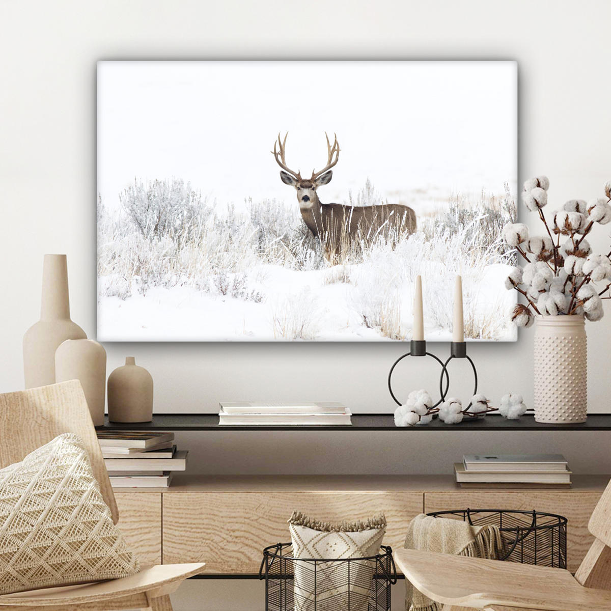 LEINWANDBILD Hirsche - Winter - Schnee - Tiere - Jahreszeiten - Weiß Wanddeko 90x60 cm - Hellbraun, Textil (90/60cm) - MuchoWow