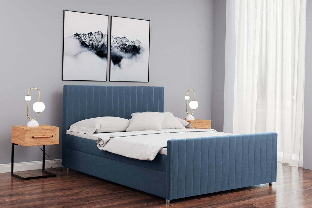 BOXBETT mit Bettkasten Matratze Topper LATINO stoff Velvet 140x200 cm Blau H2-Pocket - Blau, Holz/Holzwerkstoff (140/200cm) - Kaiser Möbel