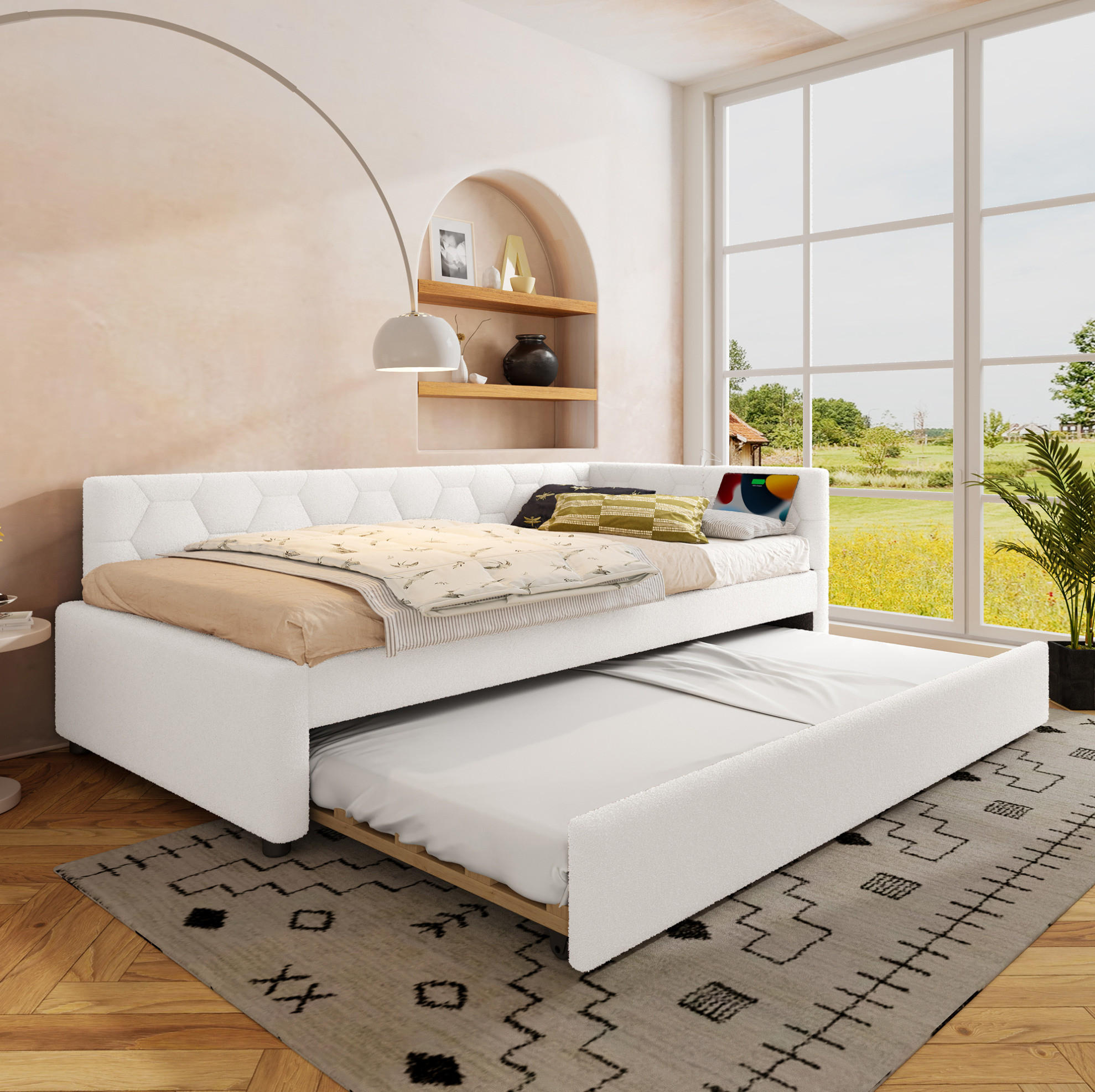 POLSTERBETT aus Velvet & MDF 90x200 cm in Weiß mit Ausziehbett, USB & Typ-C - Weiß, Textil (90/200cm) - Modfu