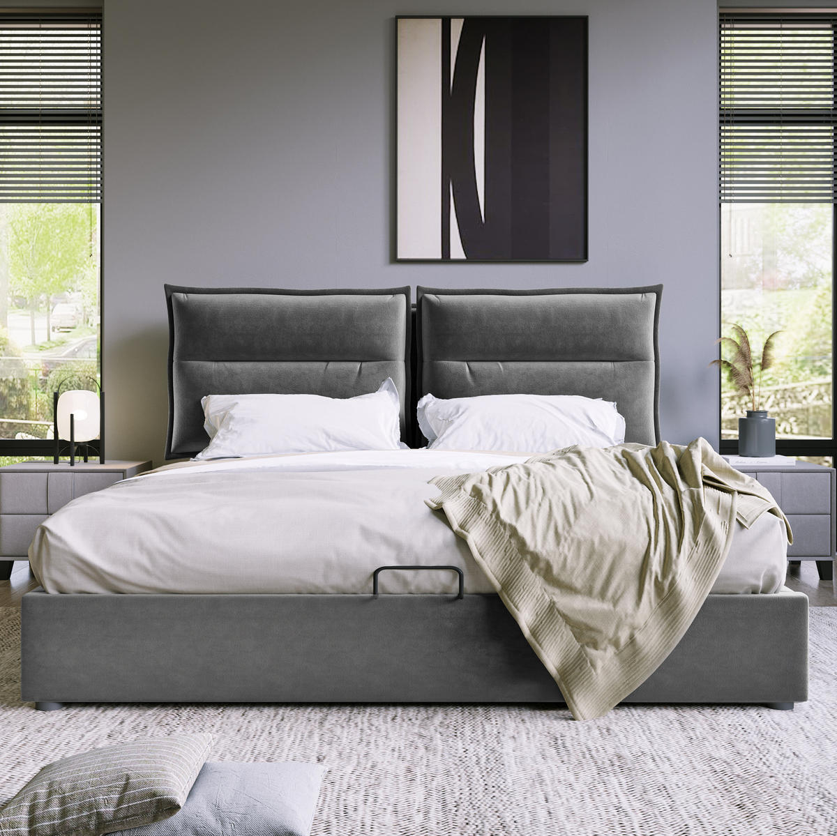 ČALÚNENÁ posteľ z masívneho dreva, zamatu a kovu 140x200 cm sivá s výškovo nastaviteľným čelom a úložným priestorom - sivá, textil (140/200cm) - Modfu