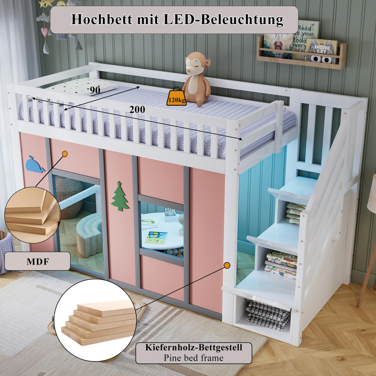 HALBHOHES Bett 90x200 cm in Weiß/Pink mit Stauraumtreppe und LED - Rosa, Holz (90/200cm) - Flora Grace