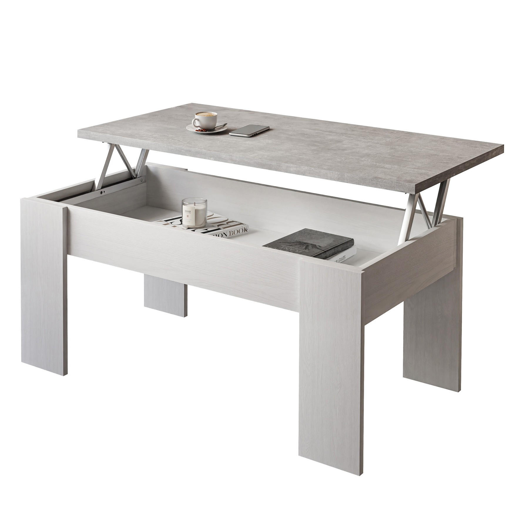 AUSZIEHBARER Couchtisch APERTO, Weiß Rustica / Beton - Grau, Holzwerkstoff (100/45/50cm) - Lookway