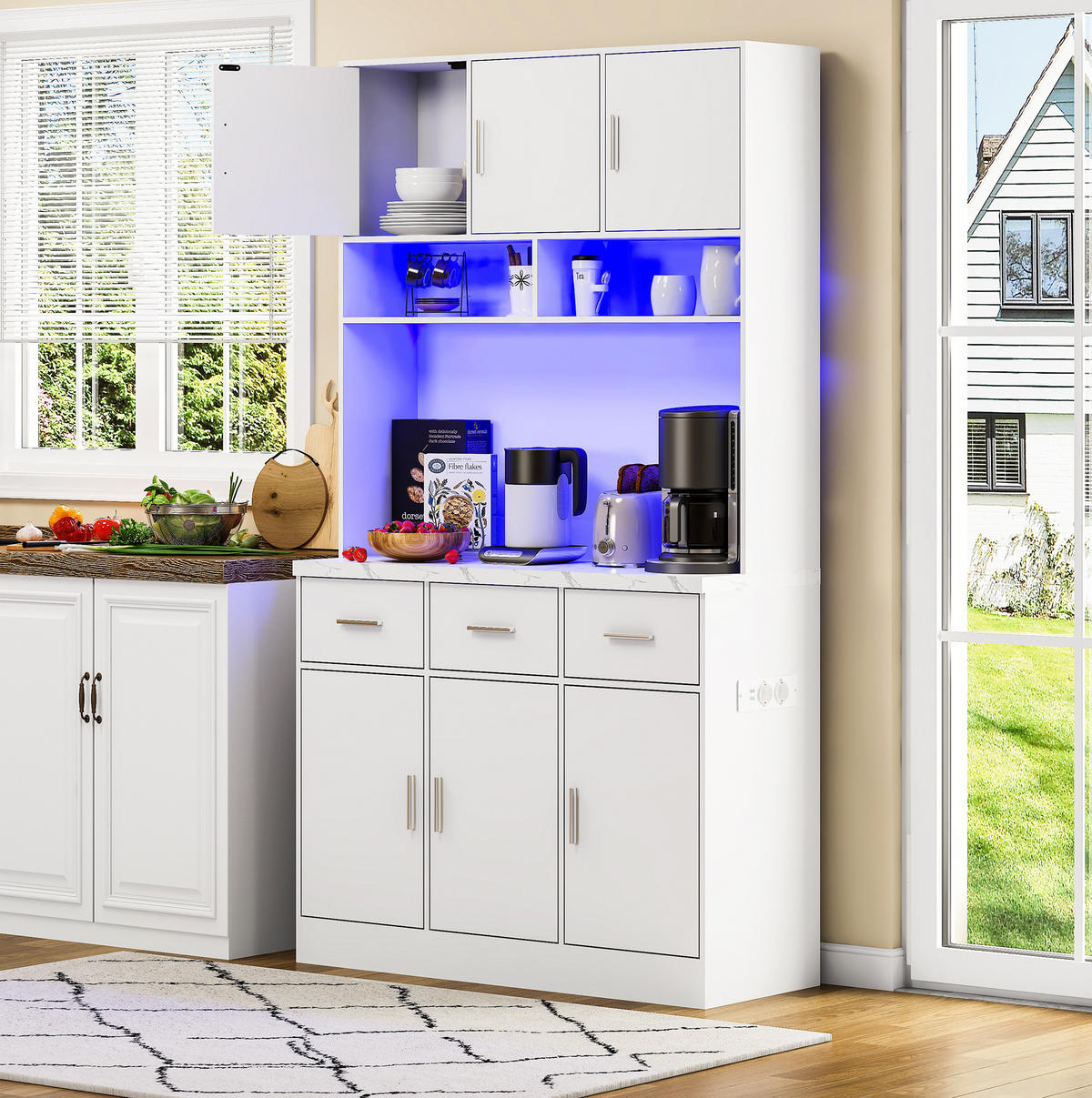 KUHINJSKA omara 100/40/180 cm z LED osvetlitvijo, USB priključki, vtičnico in predali, MDF, Bela - bela, leseni material (100/180/40cm) - Redom