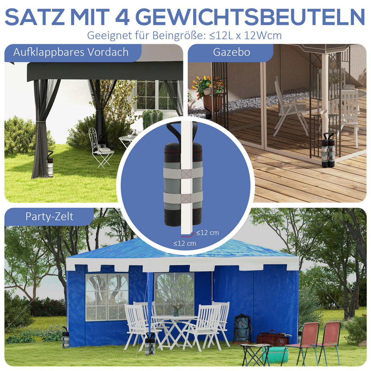 SANDGEWICHTSSÄCKE 4er-Set mit Griff für Pop Up Pavillon, Pavillonstandfüße aus Oxford, Grau+Schwarz - Schwarz, Kunststoff (10/20cm) - Outsunny