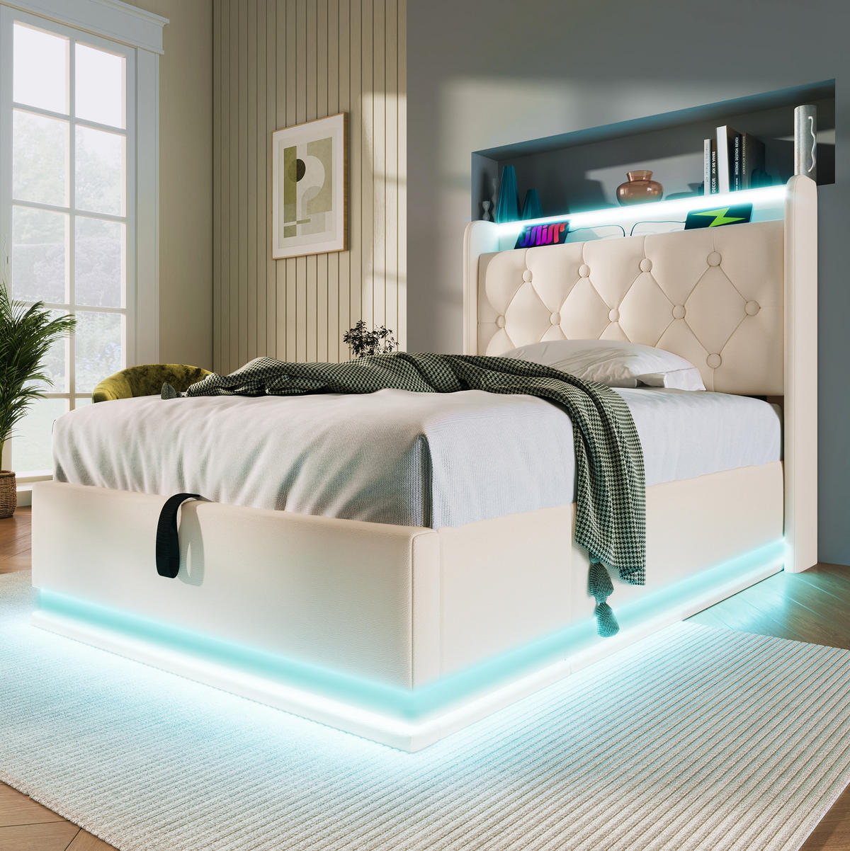 POLSTERBETT mit LED und Stauraum 90x200 cm PU Weiß mit Matratze - Weiß, Metall (90/200cm) - Meubliv