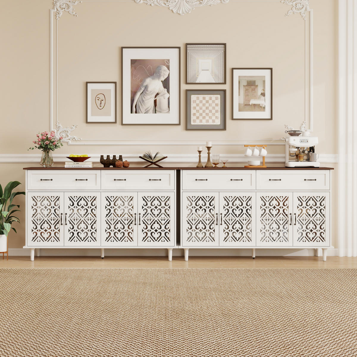SIDEBOARD in Weiß Kommode mit 4 Türen, 2 Schubladen, geschnitzten Fronten und verstellbaren Einlegeböden, B150/T40/H90cm - Weiß, Holzwerkstoff/Metall (150/90.3/40cm) - STILVORA