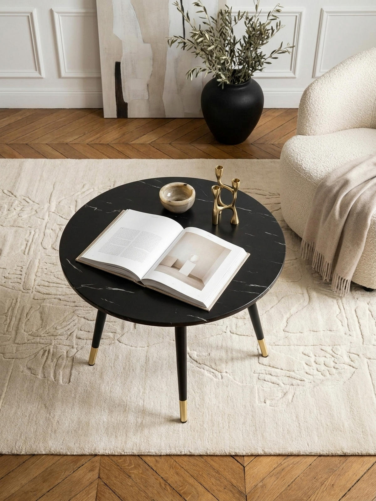 COUCHTISCH mit Marmor Optik, Modernes Design, Metall-Gestell, Runde Form, Schwarz 60x60x41 cm - Goldfarben/Schwarz, Holzwerkstoff/Metall (60/60/41cm) - KADIMA DESIGN