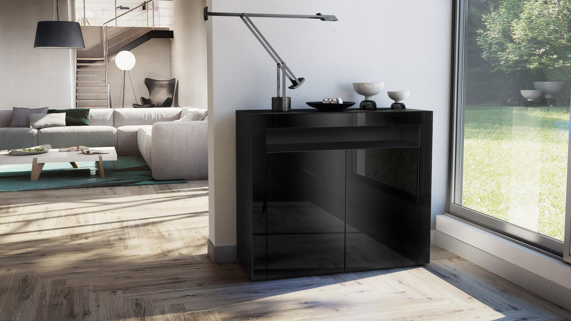 KOMMODE Valencia Schwarz Hochglanz / Schwarz Hochglanz - Schwarz Hochglanz, Holzwerkstoff (108/92/40cm) - Vladon
