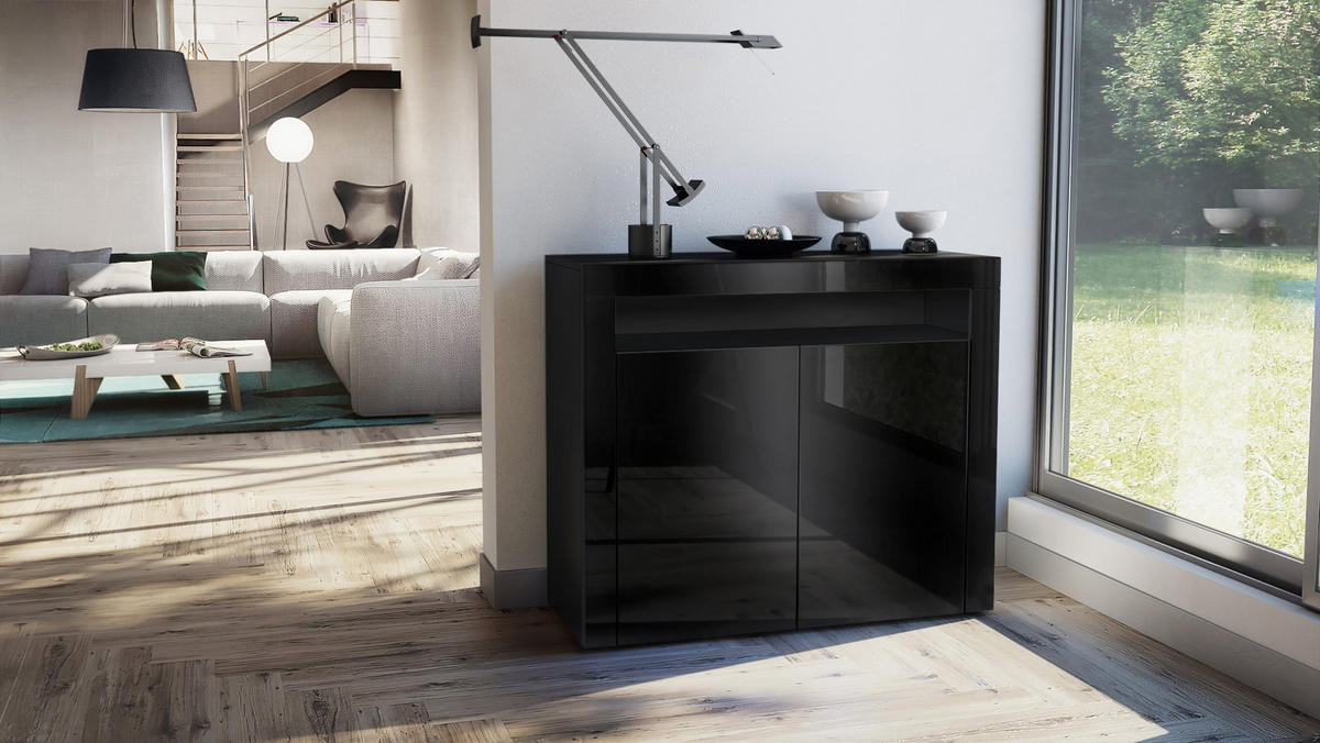 KOMMODE Valencia Schwarz Hochglanz / Schwarz Hochglanz - Schwarz Hochglanz, Holzwerkstoff (108/92/40cm) - Vladon