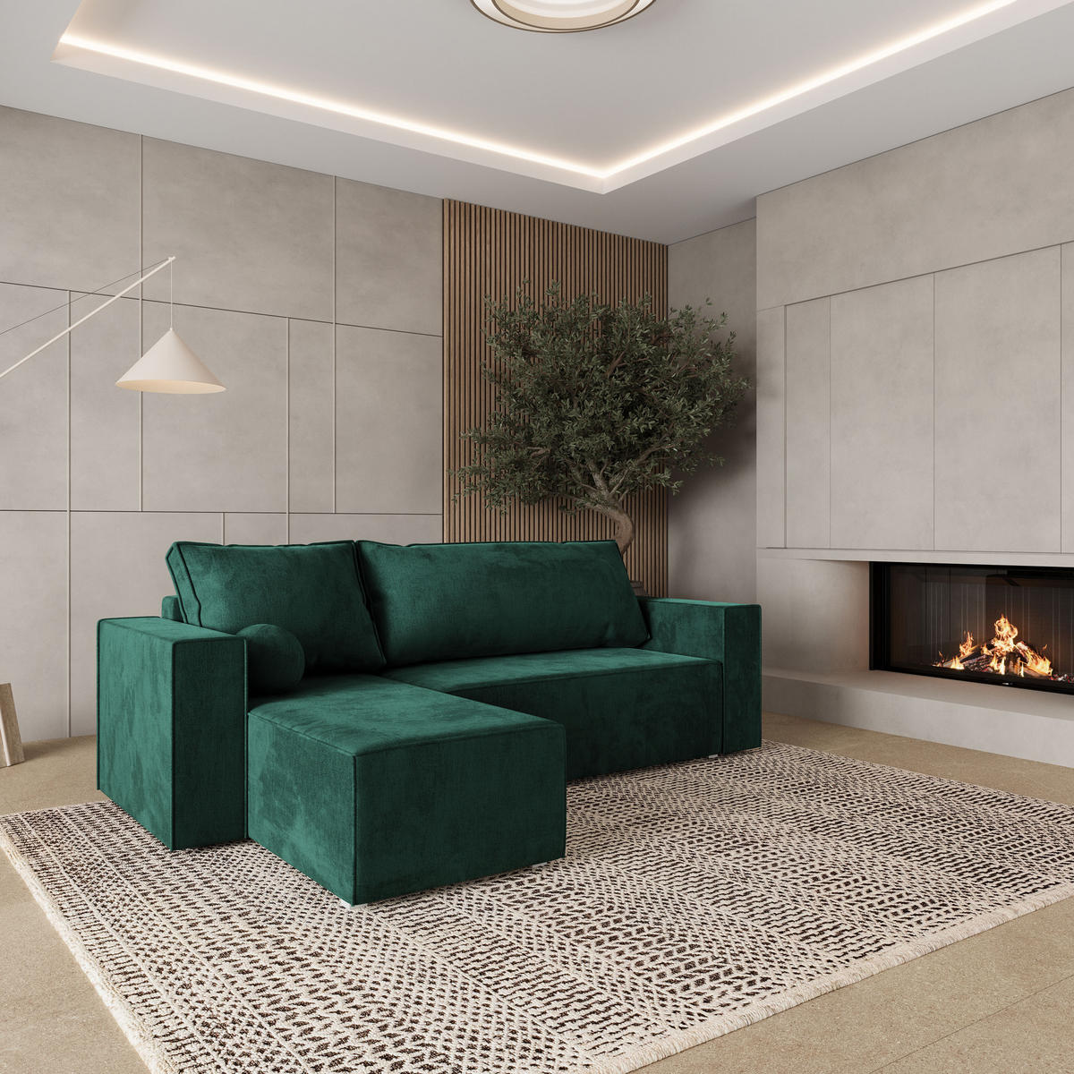 ROHOVÁ SEDAČKA RAVELO tmavě zelená - šedá/tmavě zelená, dřevo/textil (240/140cm) - MASSENO