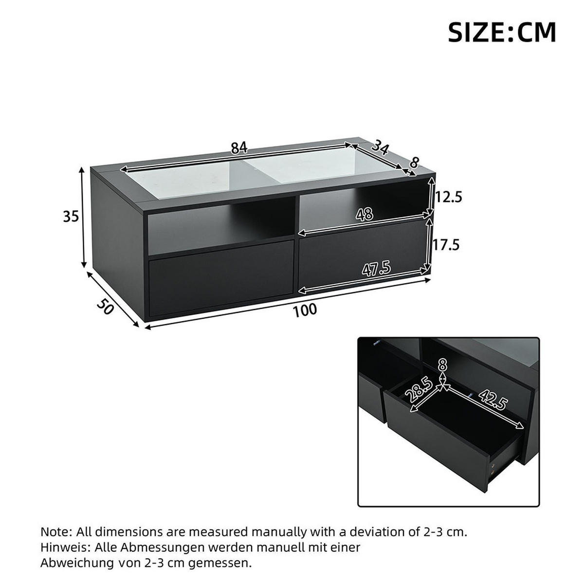 COUCHTISCH in 100x50x35cm mit LED-Licht, Schwarz - Schwarz, Holzwerkstoff (100/50/35cm) - KOMHTOM