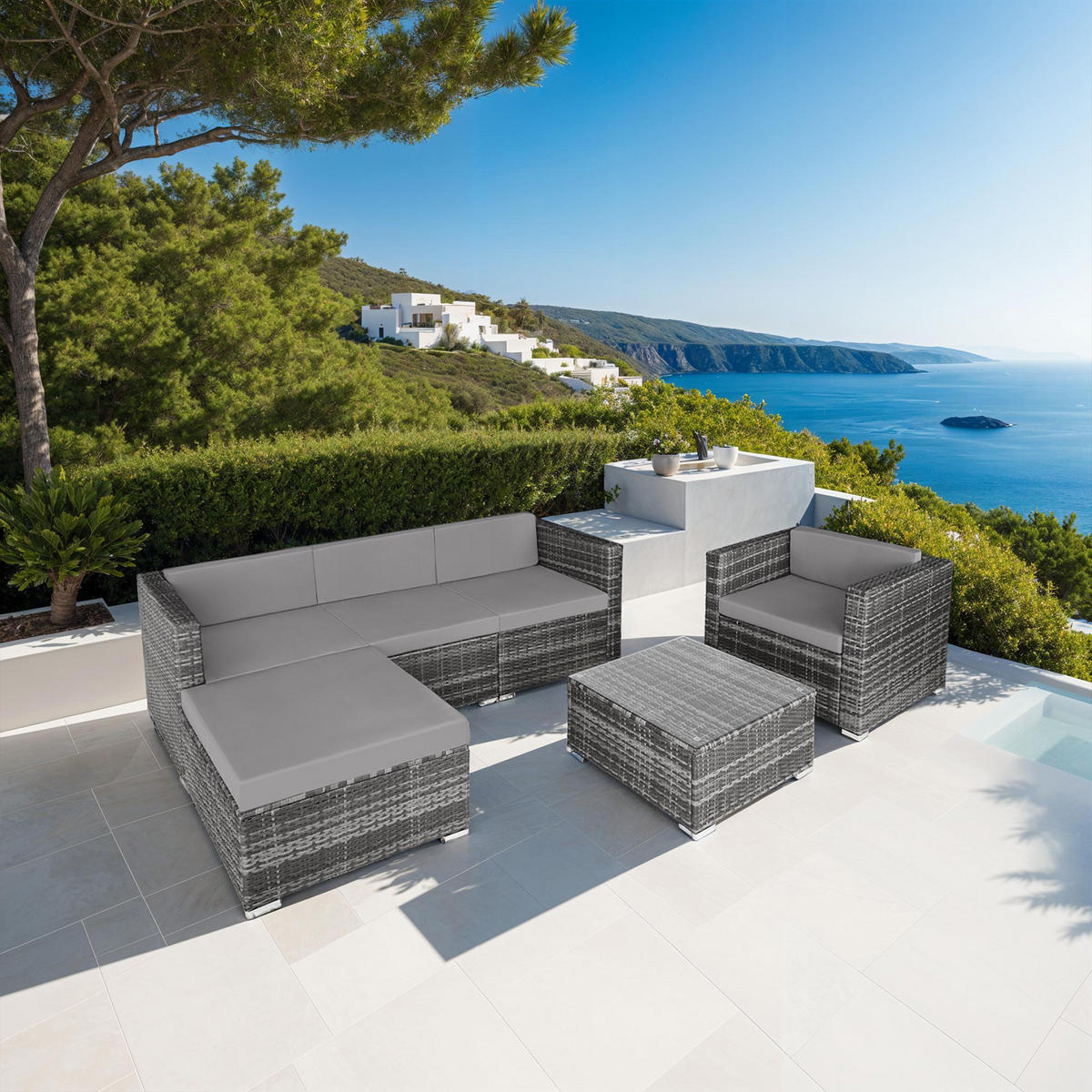 RATTANLOUNGE Milano, mit Sicherheitsglasplatte, grau - Grau, Kunststoff - tectake