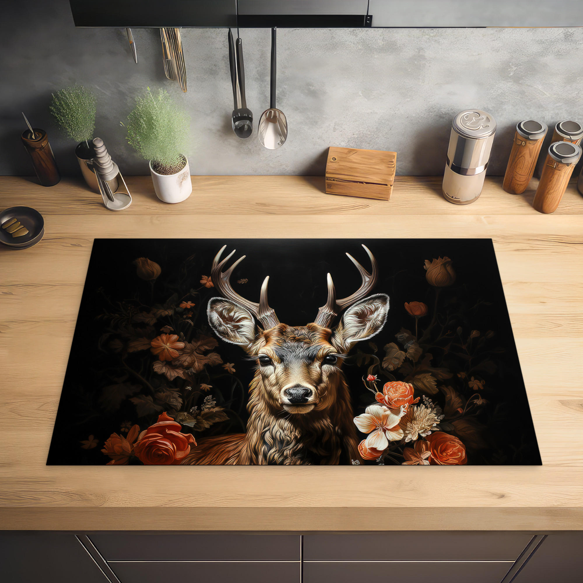 HERDABDECKPLATTE Hirsch - Tier - Blumen - Natur - Botanisch 80x52 cm - Kupferfarben, Kunststoff (80.2/0.2/52.2cm) - MuchoWow