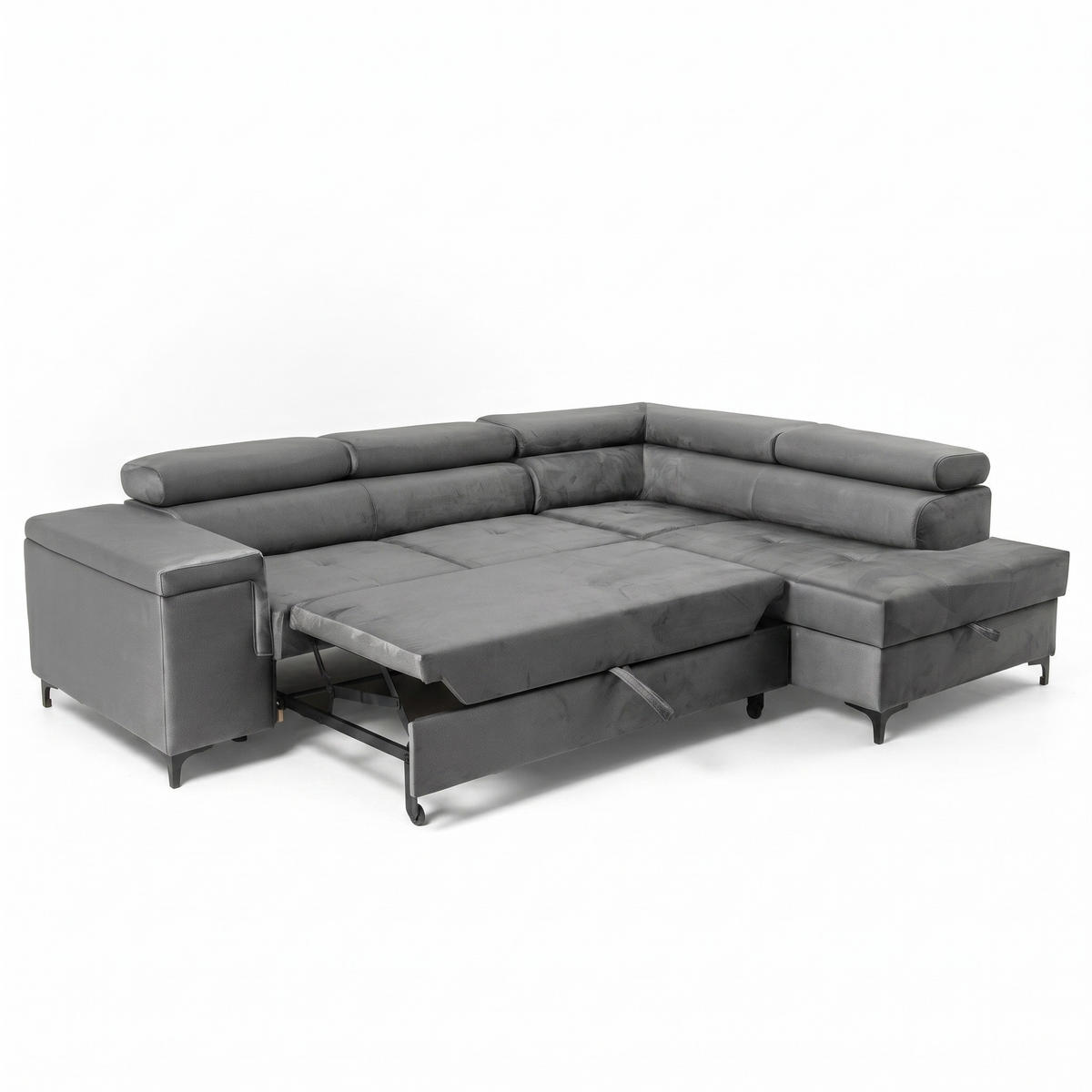 ECKSOFA WILLIAM L Rechts mit Schlaffunktion 127x195 Velours Grau - Silberfarben/Grau, Holz/Textil (203/275cm) - Muffo
