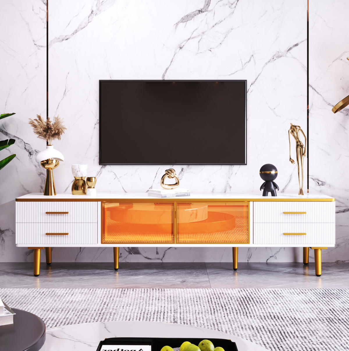 LOWBOARD TV-Schrank & Couchtisch mit LED, Marmoroptik, Weiß/Gold - Weiß, Holzwerkstoff (170/47.5/37cm) - Flora Grace