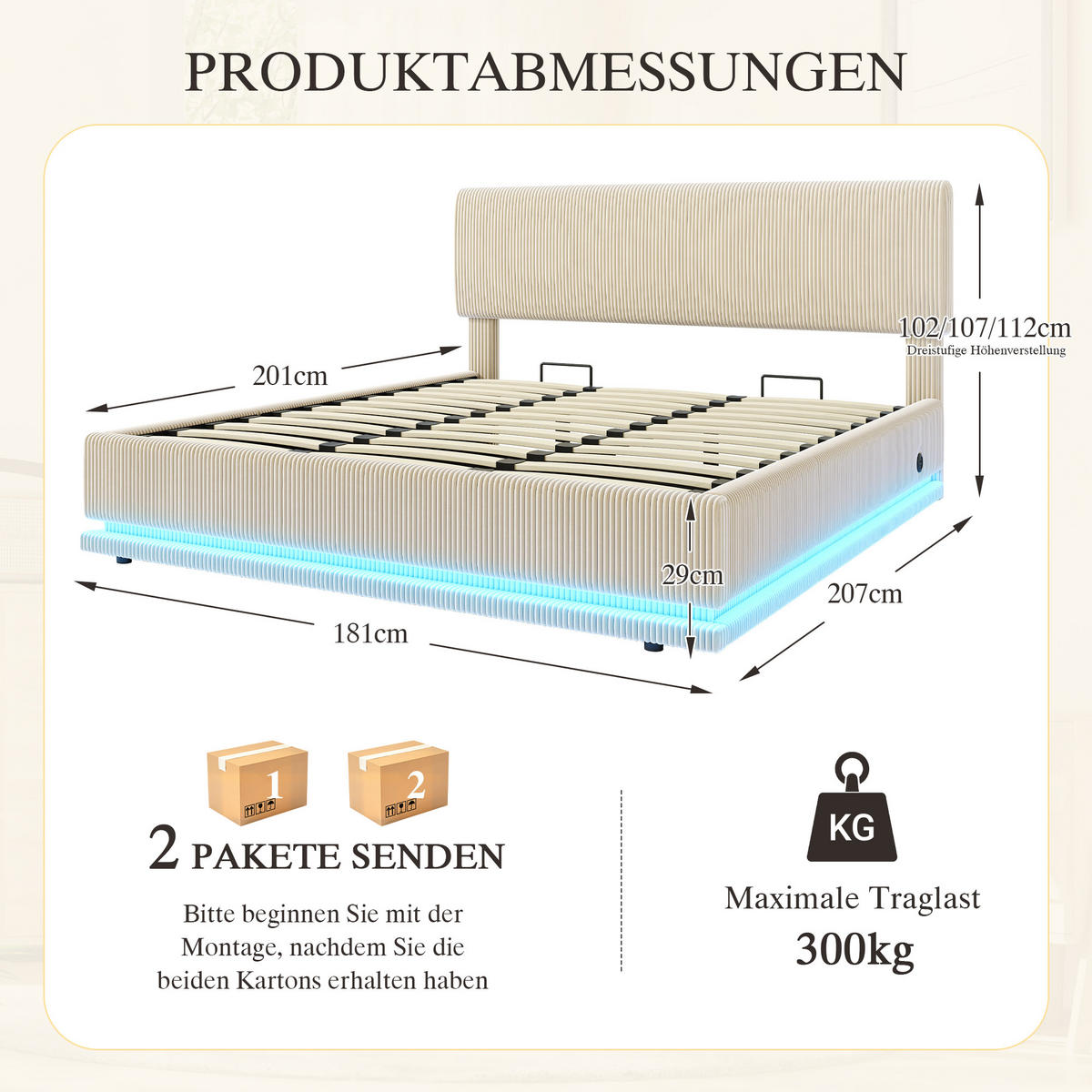 POLSTERBETT 180/200 cm in Beige Cord mit Stauraum, LED und USB-C - Beige, Holzwerkstoff/Textil (180/200cm) - WISHDOR