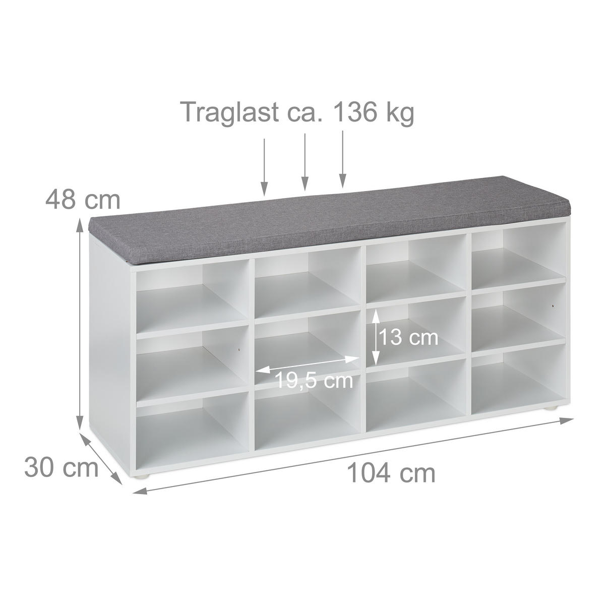 KLOP Bela Siva oblazinjen sedež 12 predelkov - siva/bela, tekstil/leseni material (104/48/30cm) - Relaxdays