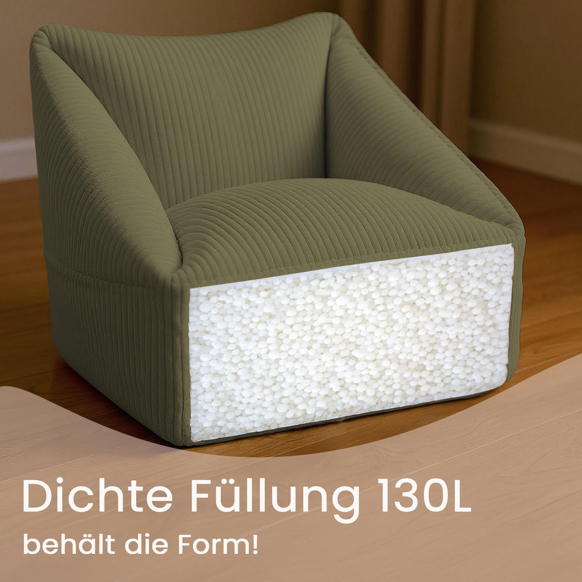 SITZSACK-SESSEL Bambino 55/60/55 cm, weicher Cord 380 g/m², mit Griff & Seitentasche, Olivgrün - Olivgrün, Textil (55/55/60cm) - Dreamroots