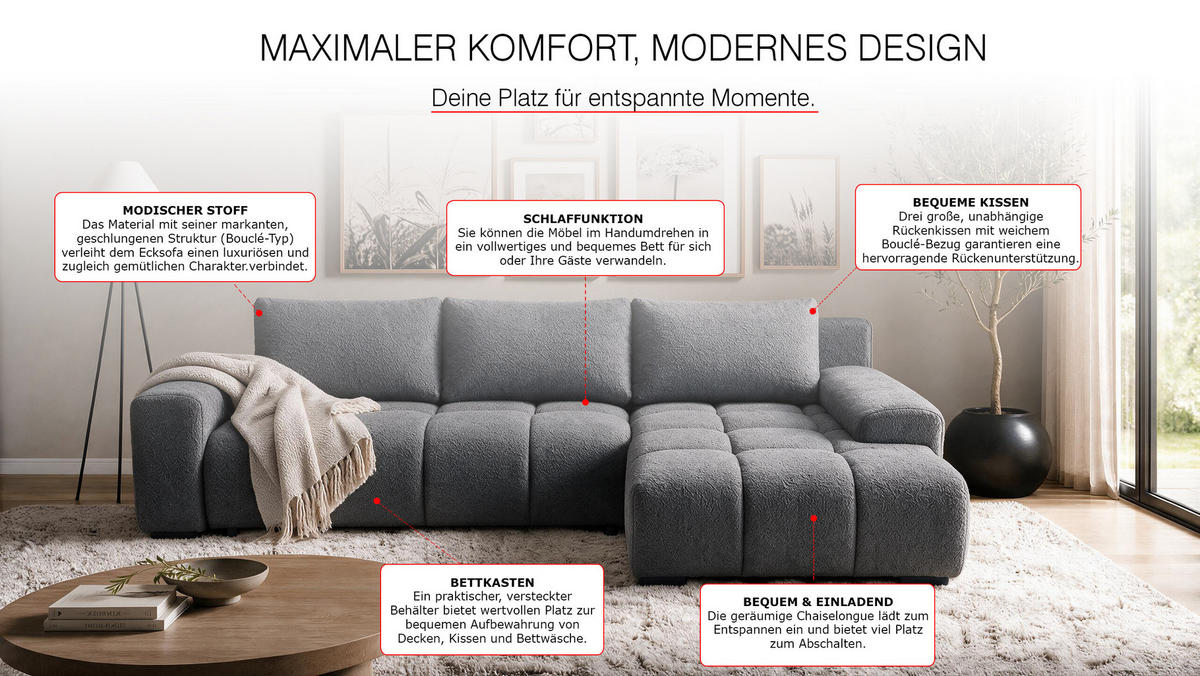 ECKSOFA Ovia mit Bettkasten und Schlaffunktion, Bouclé-Stoff in L-Form - Dunkelgrau, Textil (270/185cm)