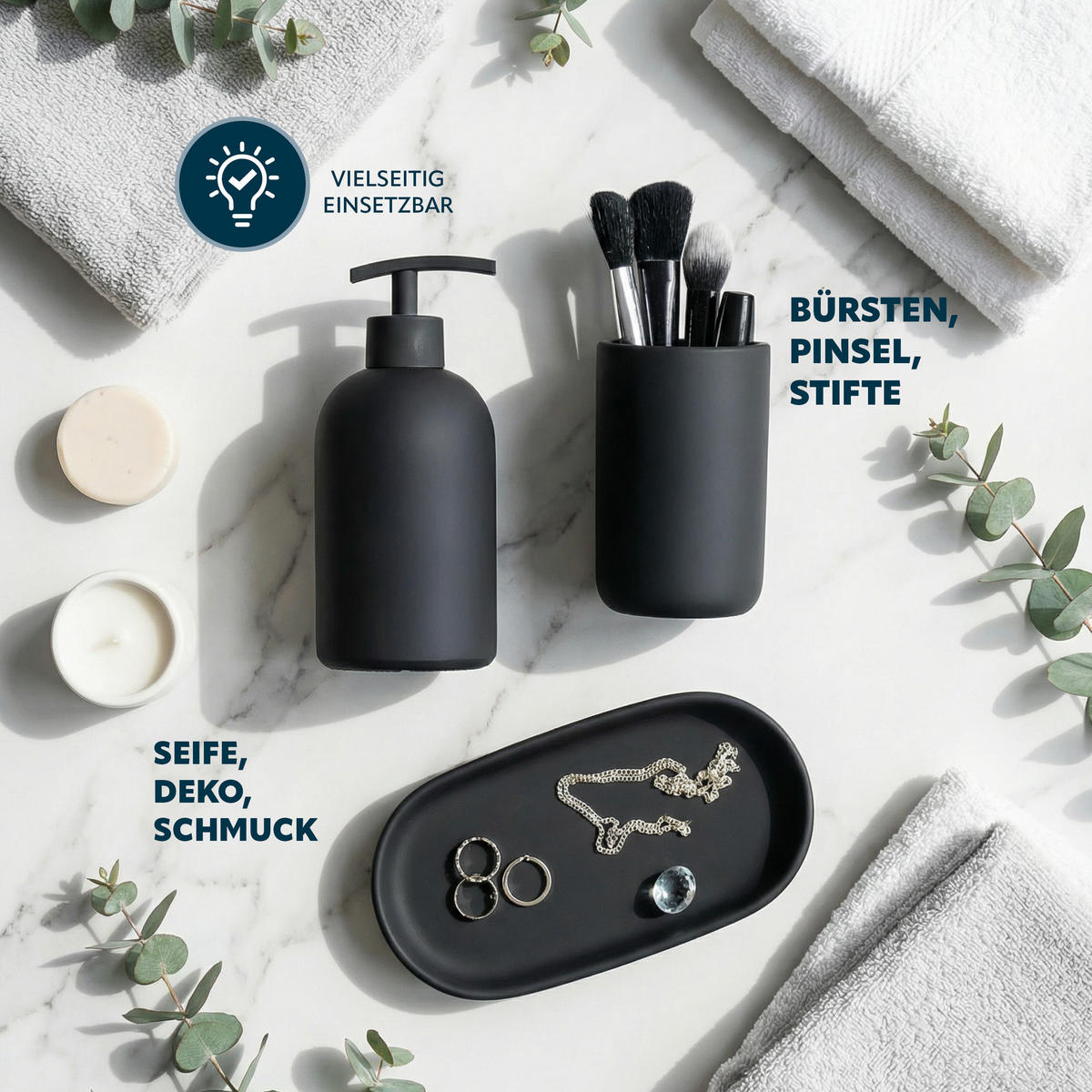 BAD-ACCESSOIRES-SET CERANO, Soft-Touch, schwarz - Schwarz, Keramik (8/18/8cm) - eluno