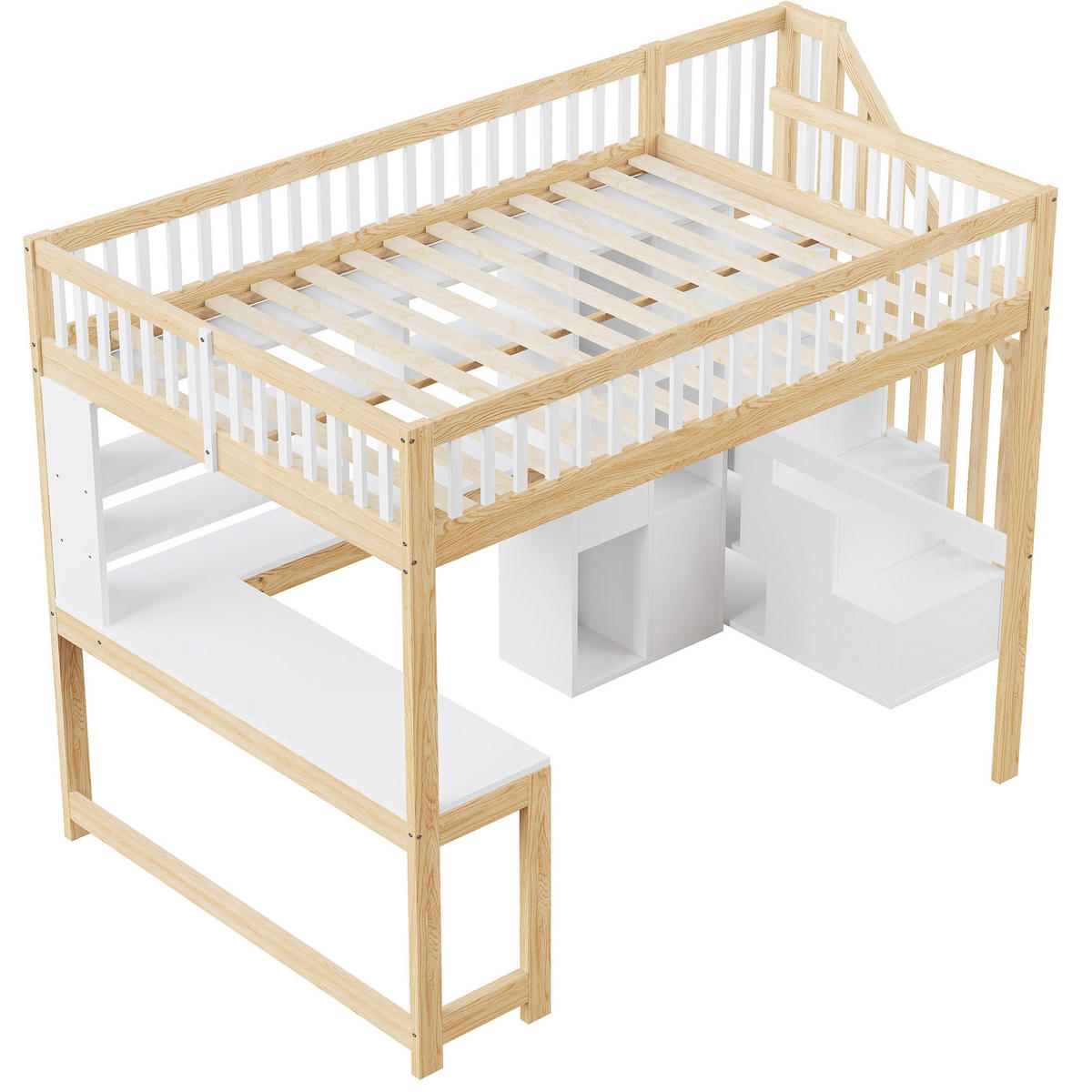 HOCHBETT 140/200 cm aus Kiefernholz und MDF mit Schreibtisch und LED-Beleuchtung Weiß/Natur - Naturfarben, Holz (140/200cm) - Modenvie