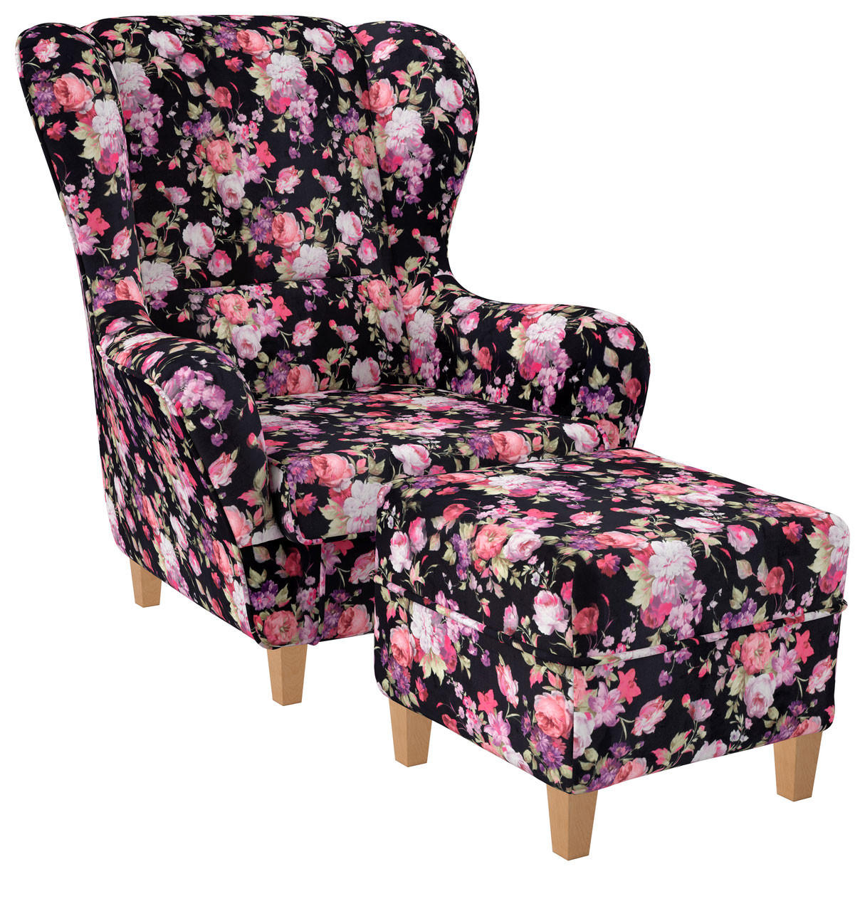 OHRENSESSEL Sofia Relaxsessel mit Hocker | Design Samt-Velours Rosen - Schwarz/Rosa, Textil (920/680/950cm) - Supellex